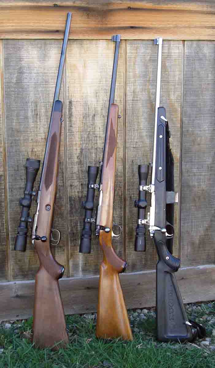Preferred .22 Long Rifle bolt-action rifles include (left to right): a Miroku-manufactured Winchester Model 52, Ruger 77/22RS and a 77/22RS All Weather.